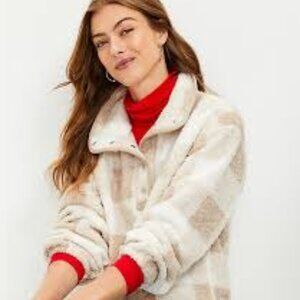 LOFT Plaid Sherpa 1/4 Snap Collar Top